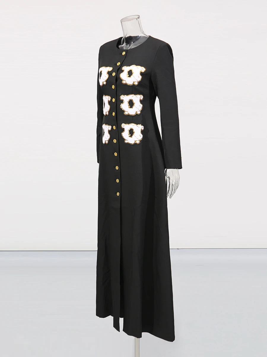 Personality Pattern Patchwork Long Coat Round Neck Long Sleeve Hit Color Elegnat Jacket Female Fashion