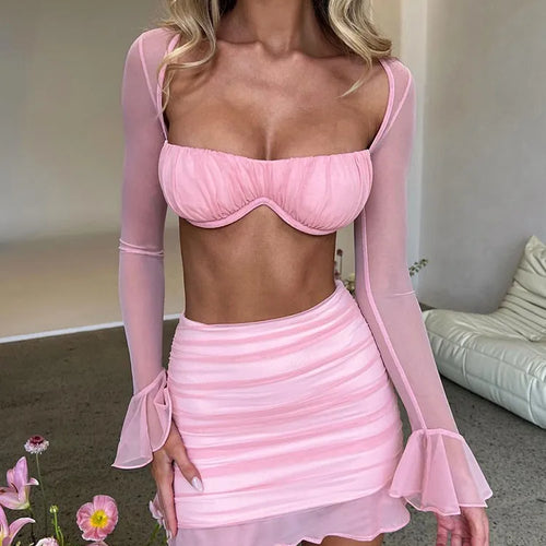 Load image into Gallery viewer, Sexy See Through Mesh Women Two Piece Sets Pink Long Sleeve Tops Mini Skirts Autumn Skinny Fashion Party Skirt Sets 2022

