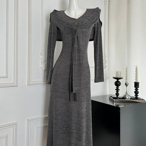 Load image into Gallery viewer, French Gray Elegant Fashion Knit Dresses Women Autumn Winter 2024 New Bandage Shawl And V-neck Button Long Sleeved Dress Casual
