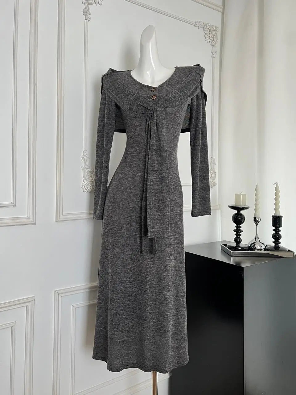 French Gray Elegant Fashion Knit Dresses Women Autumn Winter 2024 New Bandage Shawl And V-neck Button Long Sleeved Dress Casual