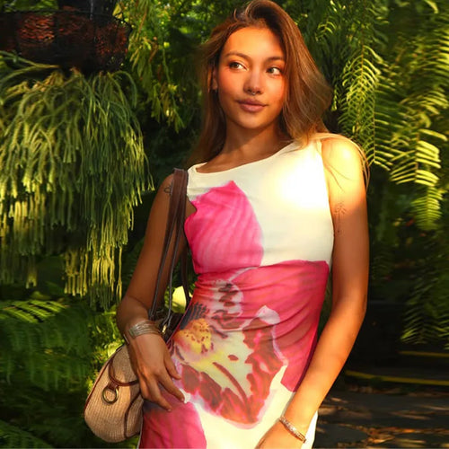 Load image into Gallery viewer, Mesh Floral Print Sexy Mini Dress Women Robe Summer New O Neck Sleeveless Slim Beach Holiday Bodycon Club Dress
