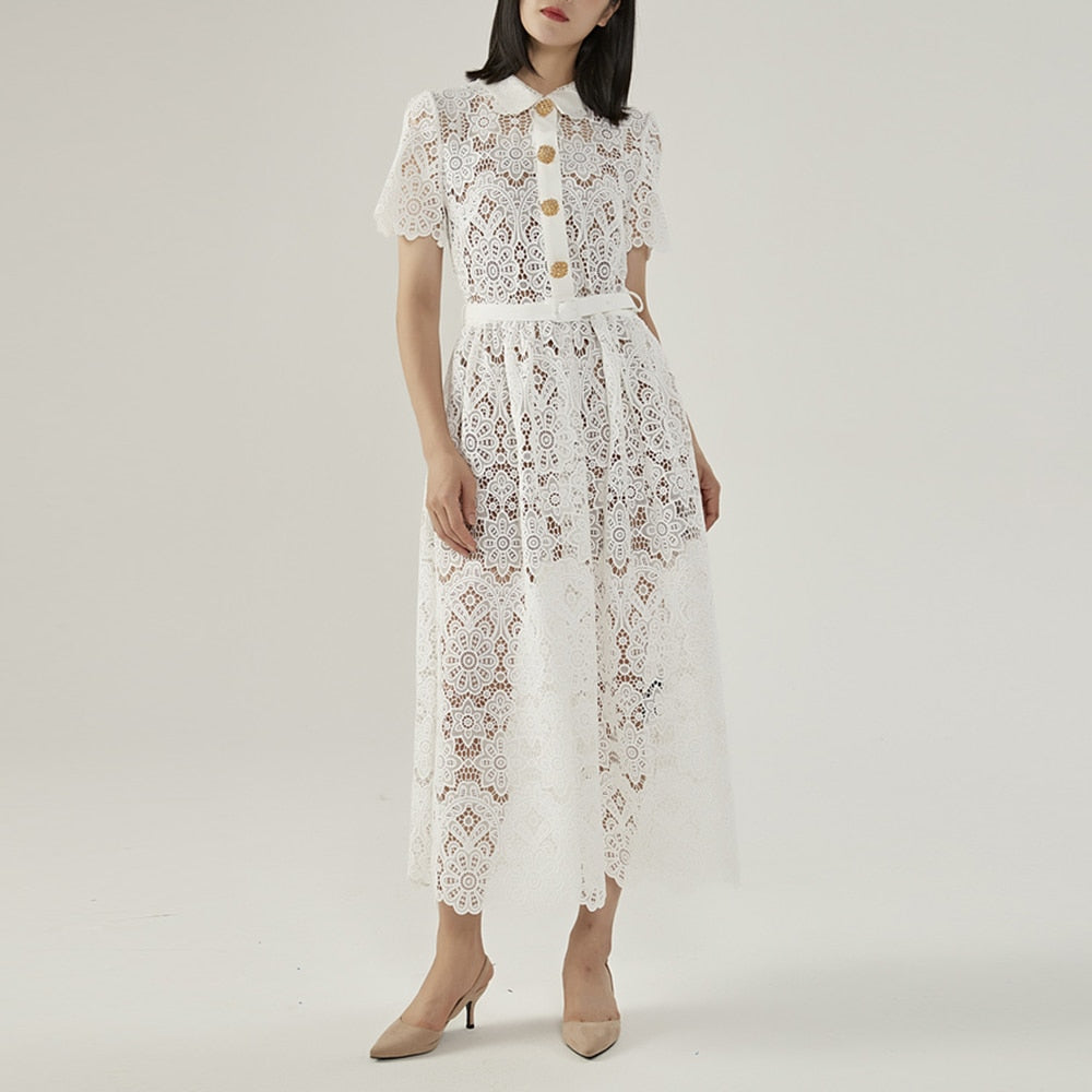 Elegant Lace Panel Cut Out Dress For Women Lapel Short Sleeve High Waist Irregular Midi Dresses Female Summer Style