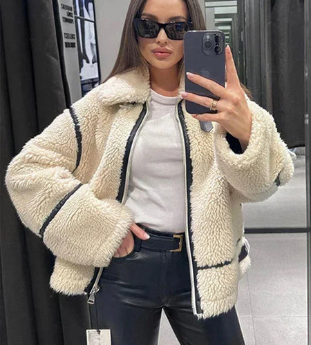 Autumn and Winter Faux Fur Jacket with Zipper Women Long Sleeve Warm Jackets Coat Casual Lapel Cold Coat High Quality