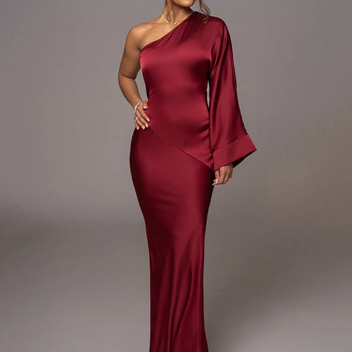 Load image into Gallery viewer, Elegant Long Sleeved Party Evening Dress for Women, Flared Sleeves, Single Shoulder Bodycon, Maxi Dress, Backless Gown
