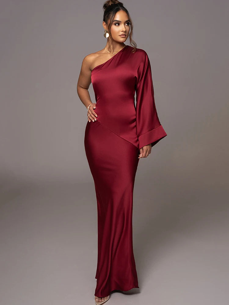 Elegant Long Sleeved Party Evening Dress for Women, Flared Sleeves, Single Shoulder Bodycon, Maxi Dress, Backless Gown