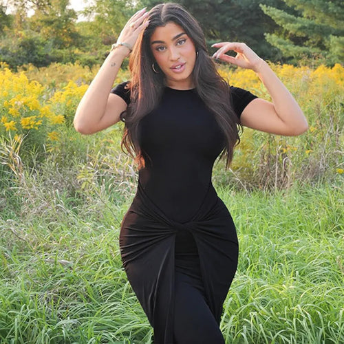 Load image into Gallery viewer, Short Sleeve Ruched Sexy Maxi Dress For Women Fashion Summer New Solid High Waist Slim Fit Elegant Long Dress Vestido
