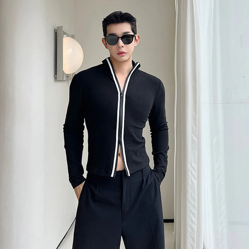 Load image into Gallery viewer, Korean Style Long Sleeve T-shirt Fashion Men&#39;s Clothing Versatile Double Zipper High Collar Cardigan Elgance Male 9C2954
