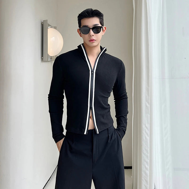 Korean Style Long Sleeve T-shirt Fashion Men's Clothing Versatile Double Zipper High Collar Cardigan Elgance Male 9C2954