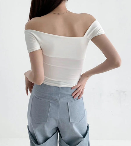 White Crop Top Women Sexy Clothes Solid Color Oblique Shoulder Short Sleeve T Shirt y2k Aesthetic Clothing Streetwear