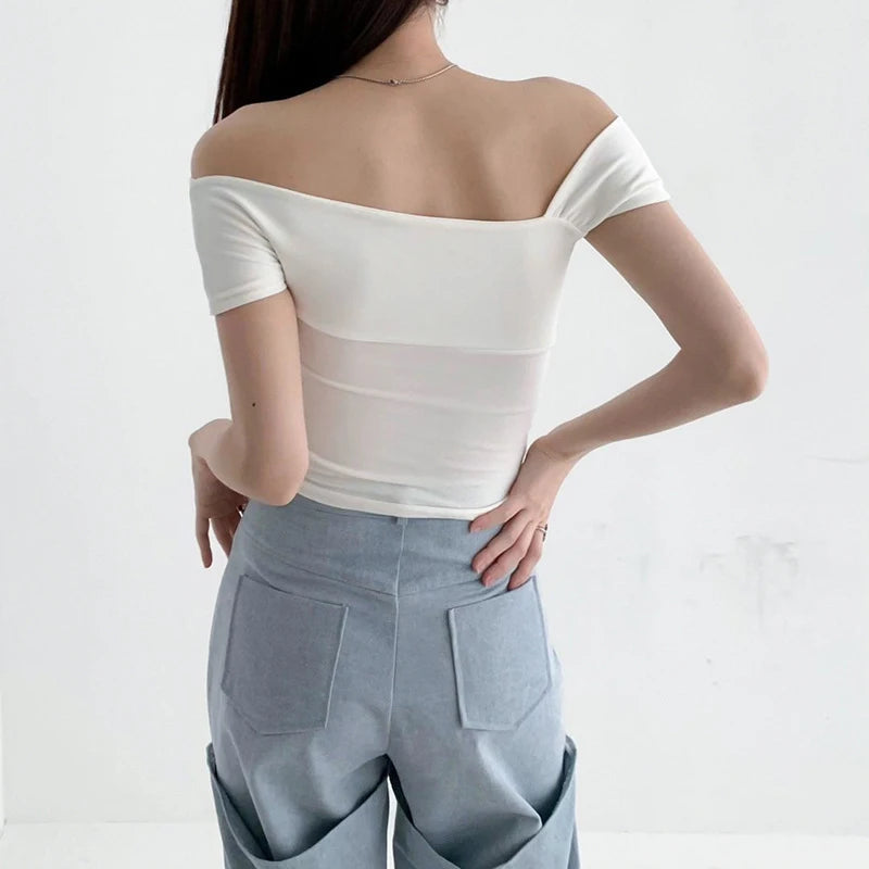 White Crop Top Women Sexy Clothes Solid Color Oblique Shoulder Short Sleeve T Shirt y2k Aesthetic Clothing Streetwear