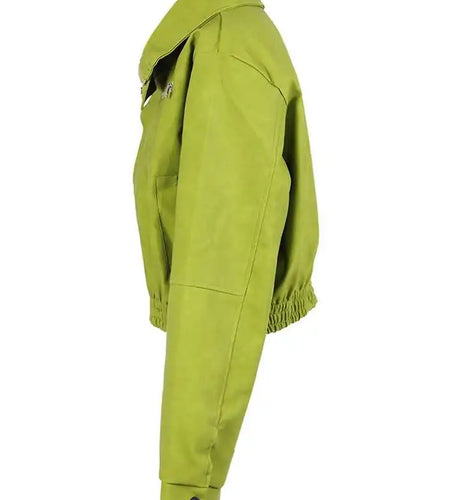Loose Fit Green Pu Leather Big Size Casual Jacket New Lapel Long Sleeve Women Coat Fashion Tide Spring Autumn 2025 CPG0419