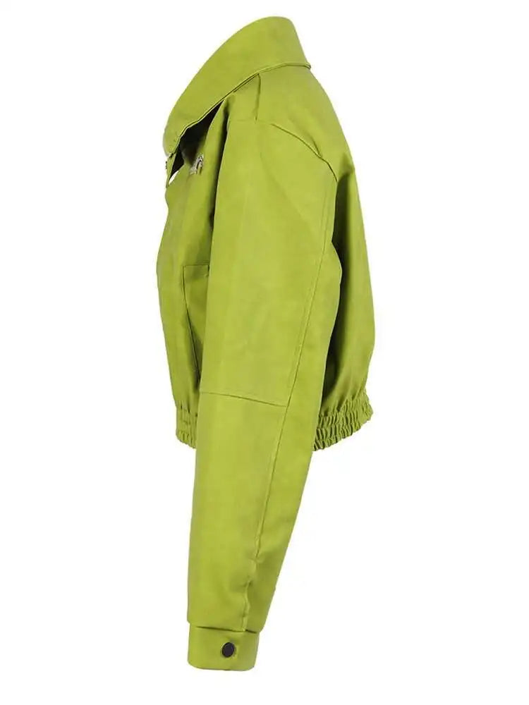 Loose Fit Green Pu Leather Big Size Casual Jacket New Lapel Long Sleeve Women Coat Fashion Tide Spring Autumn 2025 CPG0419