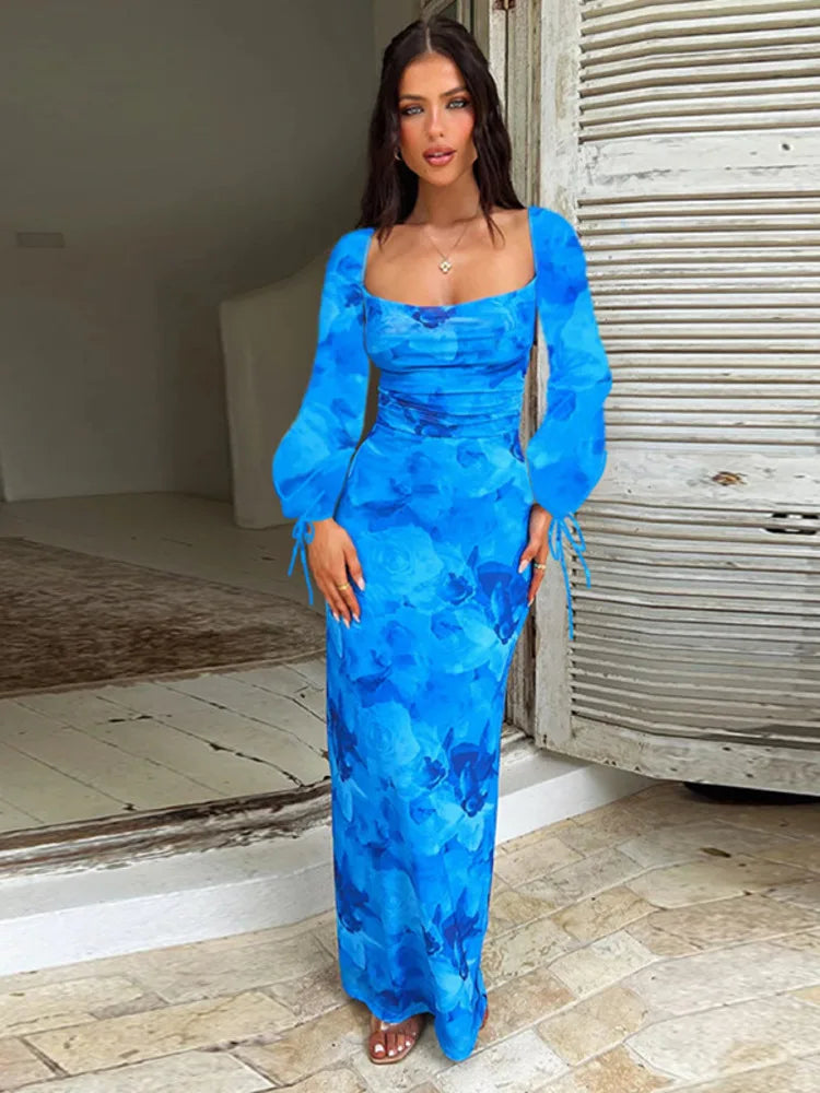 Blue Floral Print Sexy Maxi Dress For Women Gown Autumn New Square Collar Long Sleeve Lace-up Sexy Long Dress Elegant