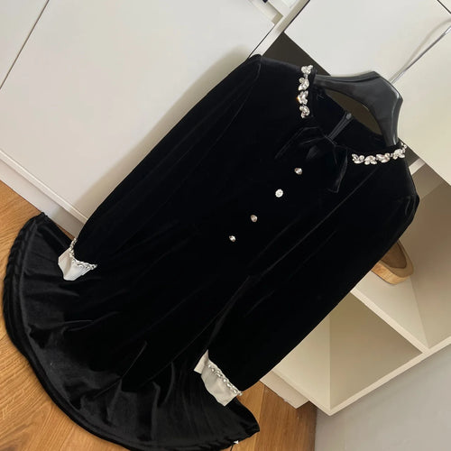 Load image into Gallery viewer, Fashion Women New Black Velvet Diamond Bow Long Sleeve Festival Pleated Dress Vintage Elegant Birthday Party Dress Autumn Winter
