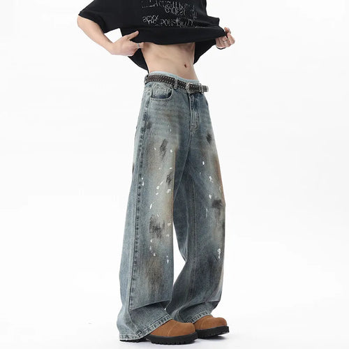 Load image into Gallery viewer, Men's Jeasn New American Style Soil Splashed Ink Spot Decoration Straight Leg Trendy Male Distressed Trousers 9W1804
