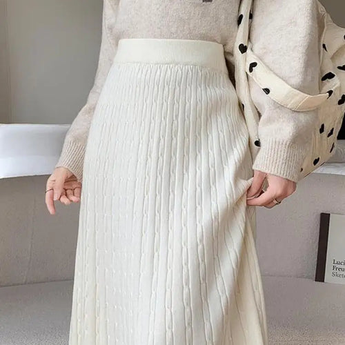 Load image into Gallery viewer, Autumn Winter Women Black White Temperament Knitted Pleated Half Skirt High Waist Versatile Elegant Vacation Ruffles Long Skirts
