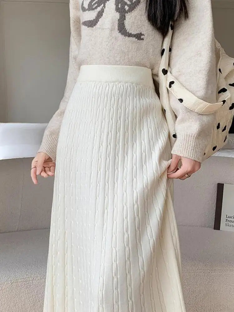 Autumn Winter Women Black White Temperament Knitted Pleated Half Skirt High Waist Versatile Elegant Vacation Ruffles Long Skirts