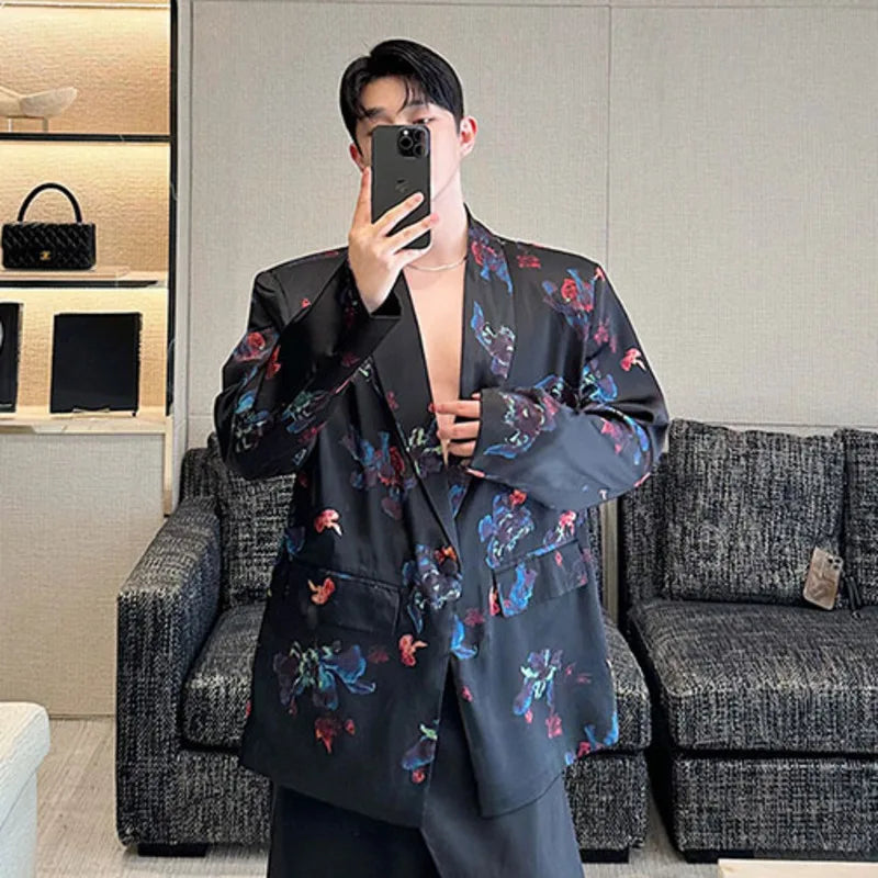Floral Printing Men's Suit Jacket Menwear V-neck Single Button Blazer New Contrast Color Fashion Male Top Niche 2024 9C5957