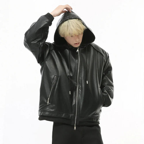 Load image into Gallery viewer, High Street Men&#39;s Padded Jackets Hooded Drawstring Solid Color PU Leather Zipper Patchwork Casual Male Cotton Coats 9C8976
