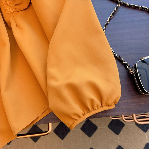 Load image into Gallery viewer, Vintage French White Elegant Loose Button Party Shirt Sweet Long Sleeves Ruffles O Neck Tops Women Orange Office Lady Blouse New
