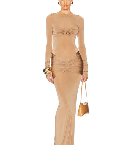 Long Sleeve Ruched Sexy Maxi Dress For Women Gown 2025 Spring Fashion Solid O Neck Slim Fit Elegant Long Dress Clothes