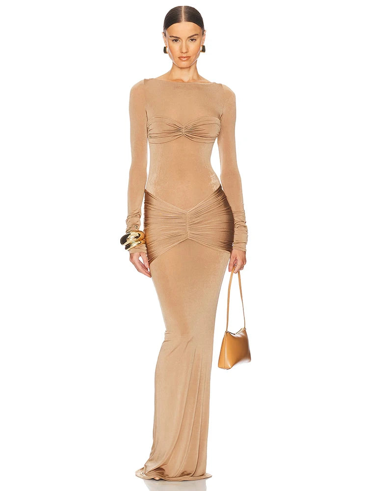 Long Sleeve Ruched Sexy Maxi Dress For Women Gown 2025 Spring Fashion Solid O Neck Slim Fit Elegant Long Dress Clothes