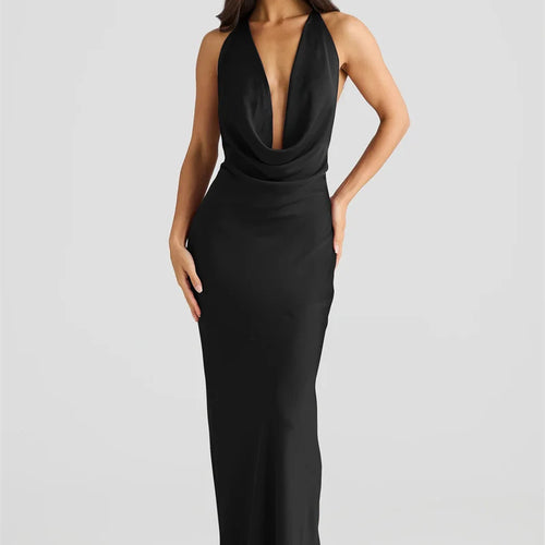 Load image into Gallery viewer, Satin Halter Backless Sexy Maxi Dress Women Gown Elegant Solid Sleeveless Lace-up High Waist Evening Club Long Dress
