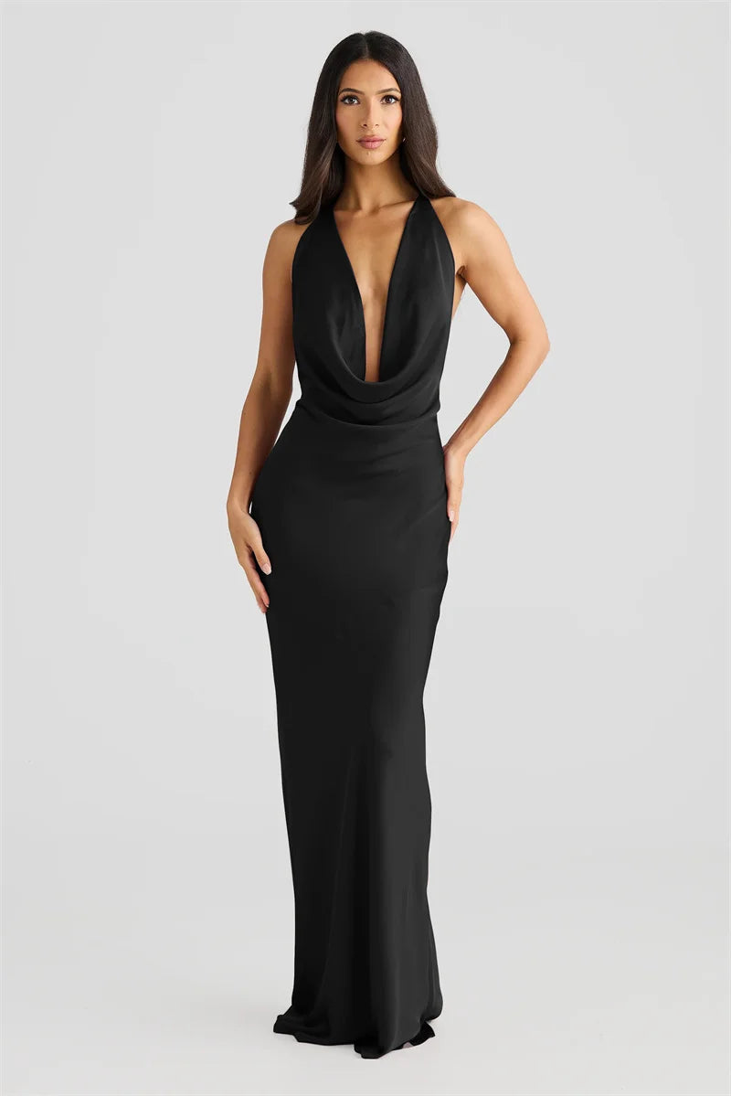 Satin Halter Backless Sexy Maxi Dress Women Gown Elegant Solid Sleeveless Lace-up High Waist Evening Club Long Dress