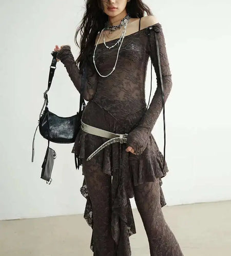 Gray Lace T-shirt Wide Leg Pants Two Piece Suit New Slash Neck Long Sleeve Women Fashion Tide Spring Autumn 2025 1DH8267