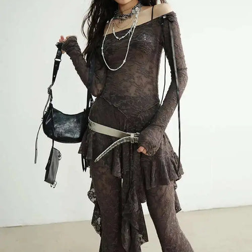 Load image into Gallery viewer, Gray Lace T-shirt Wide Leg Pants Two Piece Suit New Slash Neck Long Sleeve Women Fashion Tide Spring Autumn 2025 1DH8267
