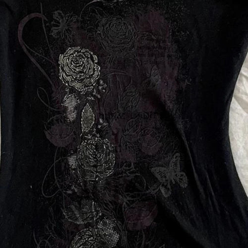 Load image into Gallery viewer, Y2k Aesthetic Flower Printing Women Grunge T-shirts Vintage Slim Harajuku Causal Black Tshirts 2025 Summer Bottoming Crop Tops
