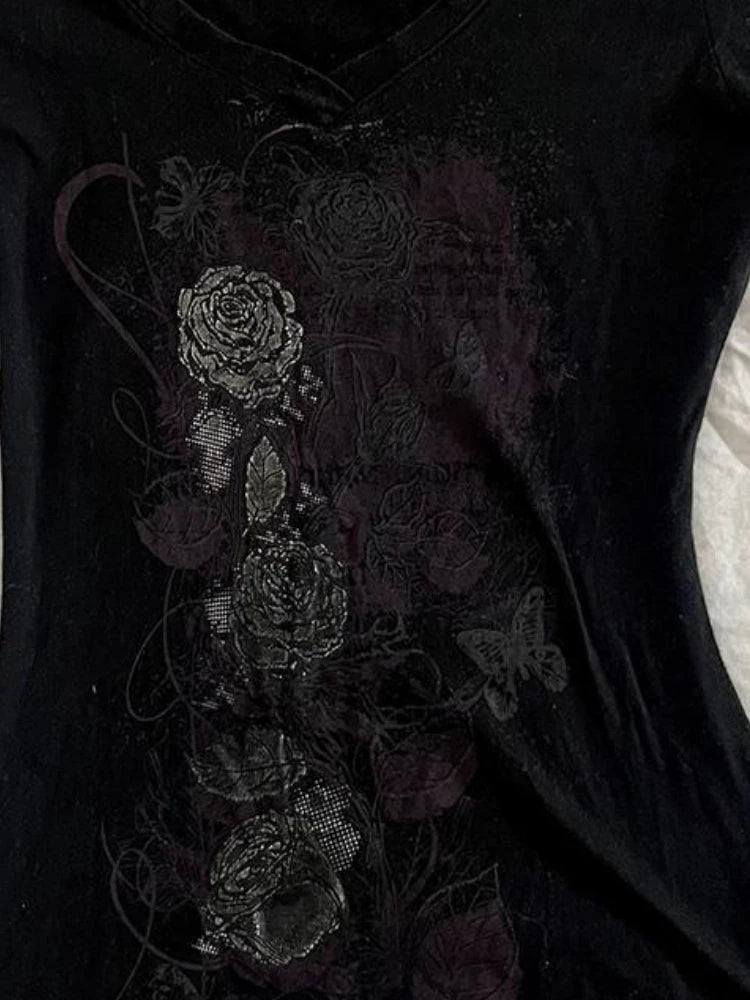 Y2k Aesthetic Flower Printing Women Grunge T-shirts Vintage Slim Harajuku Causal Black Tshirts 2025 Summer Bottoming Crop Tops
