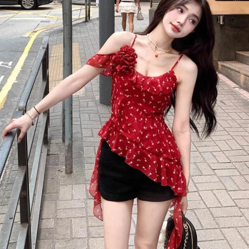 Load image into Gallery viewer, 2025 Shirts for Women Irregular Ruffles Tshirt Y2k Aesthetic One Shoulder Print Tops Summer Harajuku 3D Flower Grunge T-shirts
