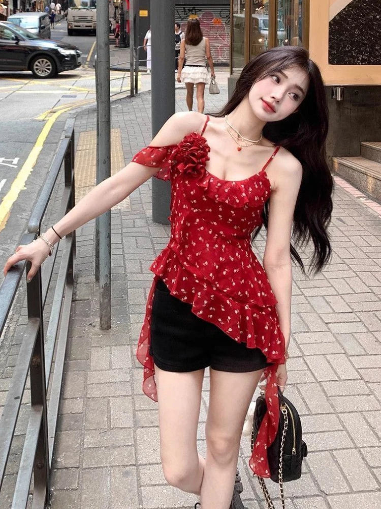2025 Shirts for Women Irregular Ruffles Tshirt Y2k Aesthetic One Shoulder Print Tops Summer Harajuku 3D Flower Grunge T-shirts