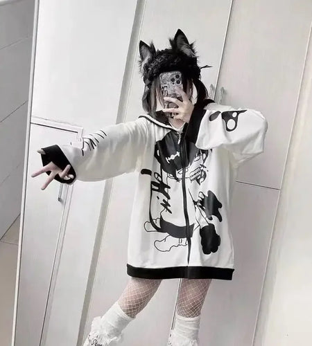 Anime Hoodie Women's Clothing Sailor Collar Thicked Cat Print Zipper Sweatshirts Coat Y2k Tops Casual Fashion Loose Cute Hoodies