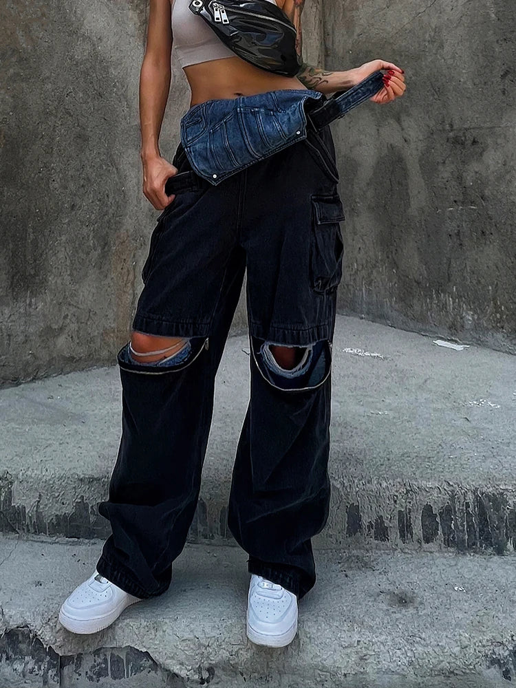 Hole Hollow Out Overalls For Women Sleeveless High Waist Fake Two Piece Denim Wide Leg Pants Female Clothing