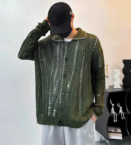 Korean Style Men's Cardigan Turn-down Collar Holow Out Contrast Color Single Breasted Knitting Loose Male Sweaters 9C9274