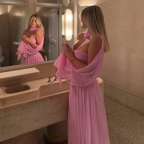 Load image into Gallery viewer, Scarf Collar Backless Sexy Maxi Dress For Women Gown Pink Strapless Off-shoulder Backless Mesh Long Dress Vestido
