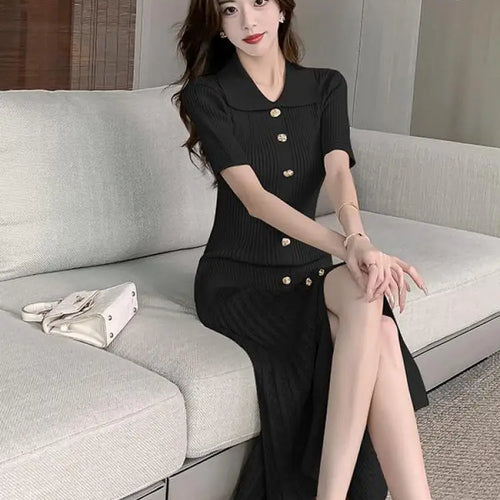 Load image into Gallery viewer, Summer 2024 New Women's Black Beige Single Breasted Knitted Long Dress Green Elegant Office Lady Short Sleeve Pleated Dress Chic
