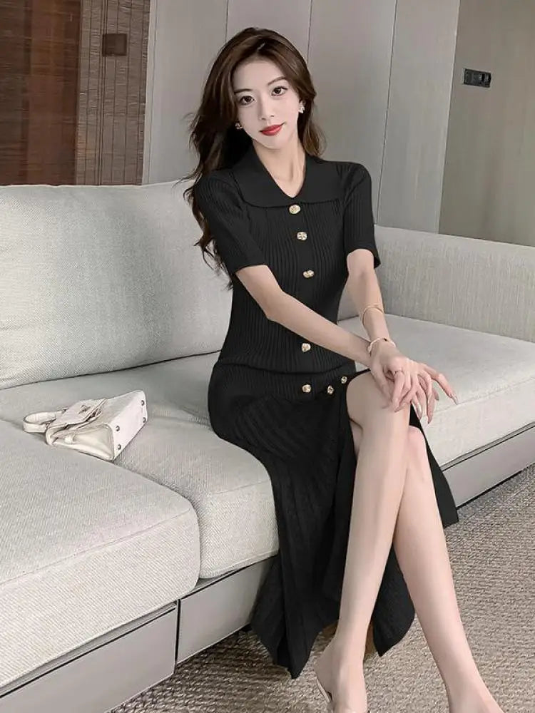 Summer 2024 New Women's Black Beige Single Breasted Knitted Long Dress Green Elegant Office Lady Short Sleeve Pleated Dress Chic