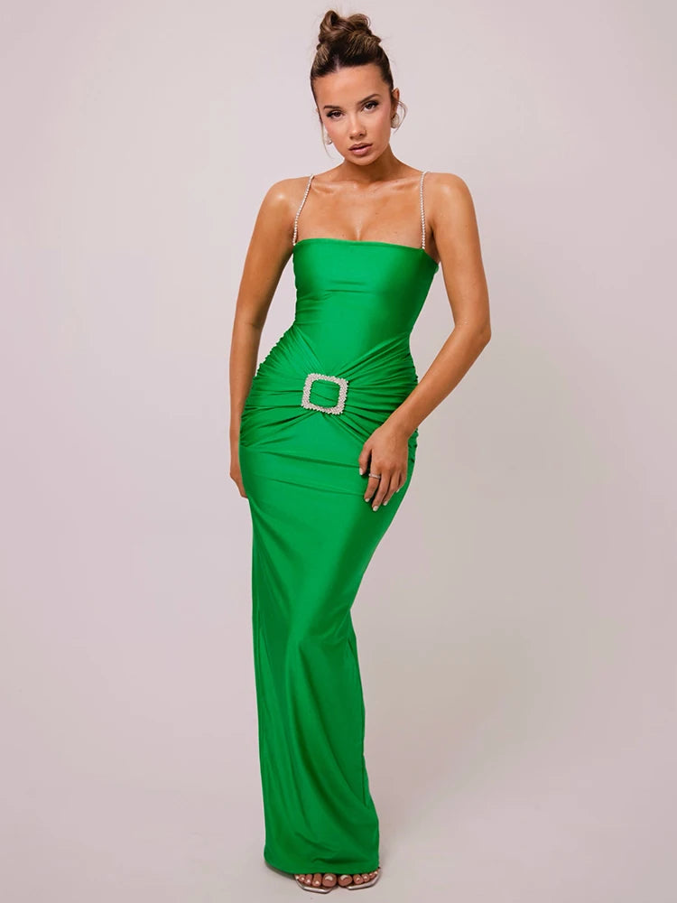 Elegant Spaghetti Strap Diamond Tight Evening Dress for Women, Open Back Belt, Maxi Gown, Elegant Party Club , 2024