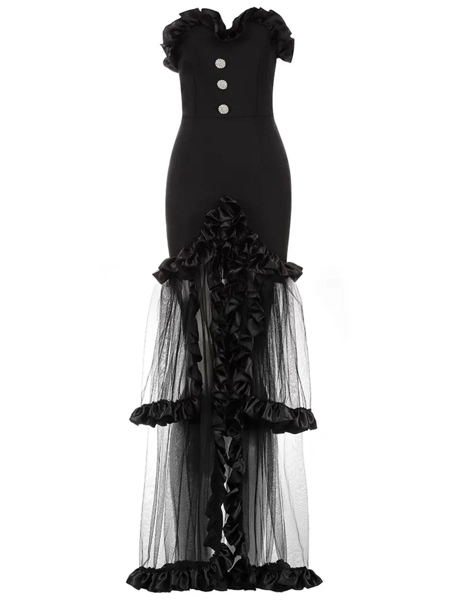 Solid Spliced Mesh Slimming Dresses For Women Strapless Sleeveless High Waist Temperament Split Dress Female New