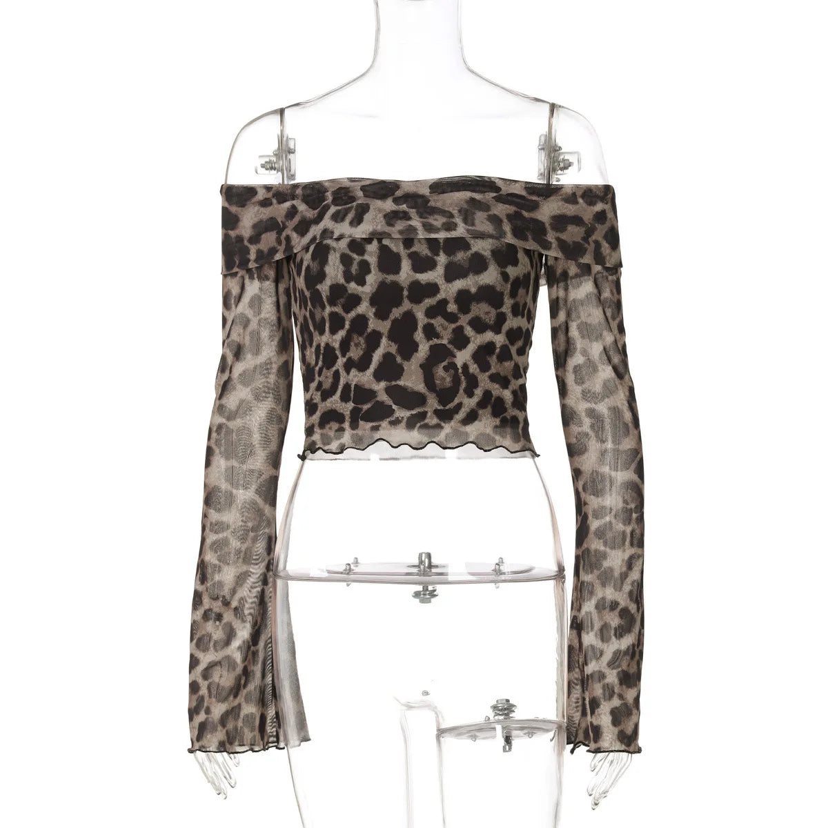 Leopard Print Long Sleeve T-shirt Women Off-shoulder Backless Crop Tops Female Fashion Printed Strapless Tees Tops