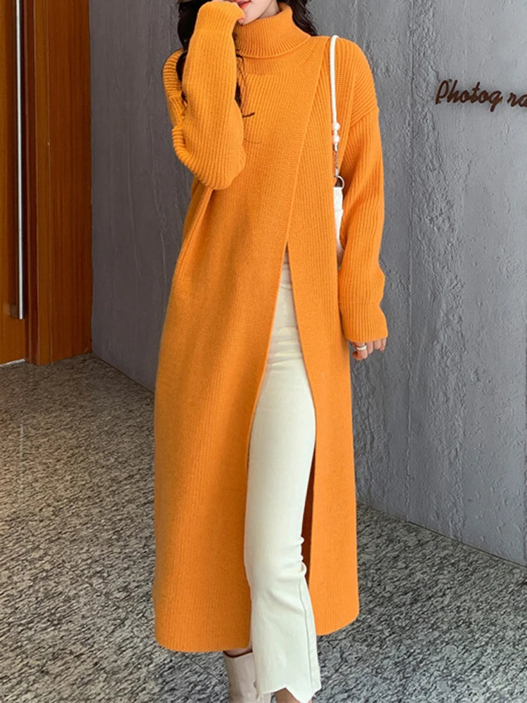 Women Orange Knitting Long Slit Big Size Dress New Turtleneck Long Sleeve Loose Fit Fashion Spring Autumn 2025 1DE5886