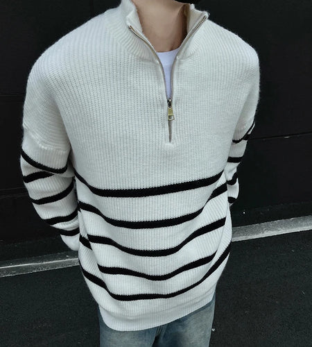 Loose Mock Neck Male Sweater Stripe Half Zipper Zipper Knitting Pullovers Casual New Trendy Men Clothing  Autumn Top 9C8927