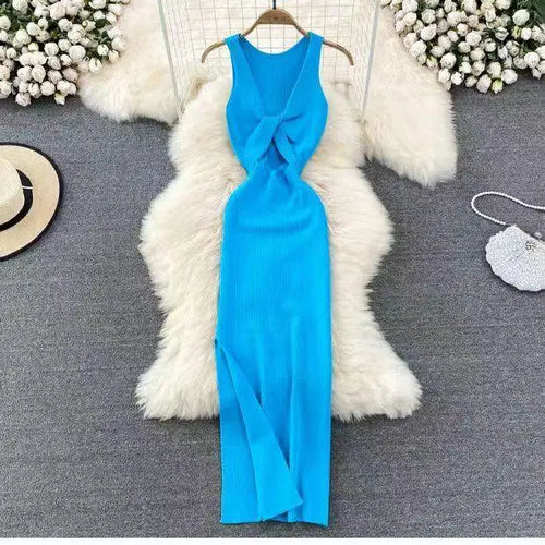 Load image into Gallery viewer, Korean Solid Knitted Split Long Dress Summer Women V Neck Sleeveless Kink Sexy Club Slim Bodycon Wrapped Hip Dress Vestidos Chic
