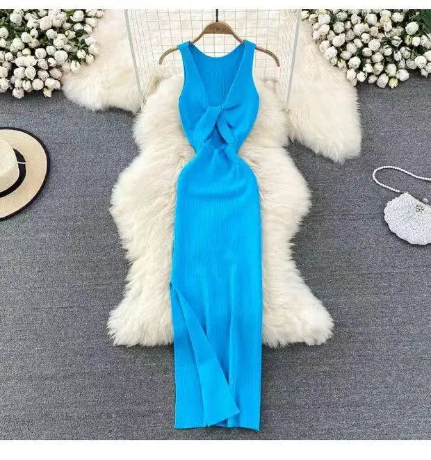 Korean Solid Knitted Split Long Dress Summer Women V Neck Sleeveless Kink Sexy Club Slim Bodycon Wrapped Hip Dress Vestidos Chic