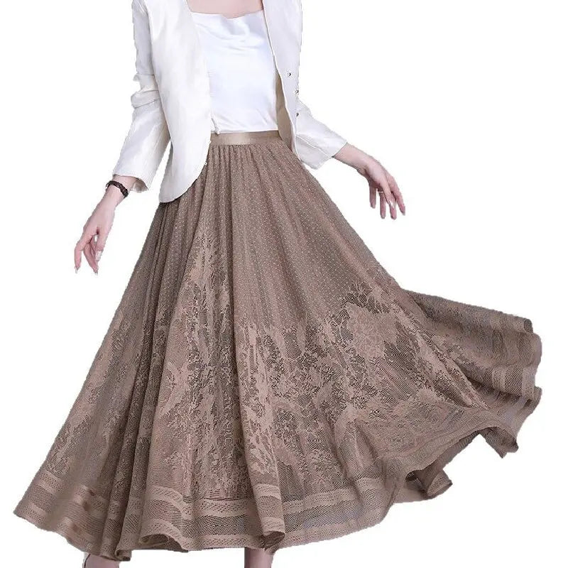 Spring Summer Women Vintage Black White Lace Elegant Long Skirts French Fashion Brown High Waist Vacation Pleated Skirt Popular