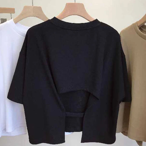 Load image into Gallery viewer, Summer New Ladies Casual Backless T-Shirt 2024 Korean Women Round Neck Loose Sweet Spicy Wind Short-Sleeved Crop Tops
