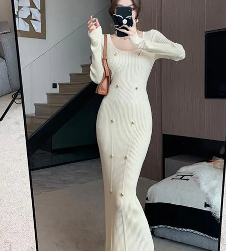 French Retro Square Neck Button Knitted Bodycon Dresses Women 2023 Autumn Winter Long Sleeve Sweater Long Dress Clothes Popular